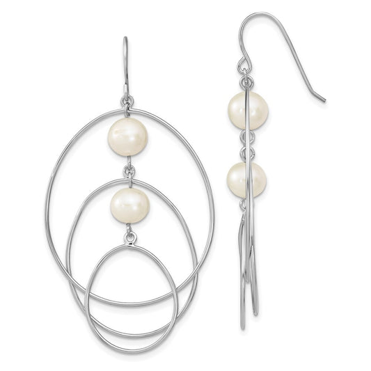 Sterling Silver 8-9mm Semi-Round Cultured Pearl Circles Dangle Earrings