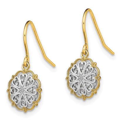 14k Yellow Gold and Rhodium Fancy Dangle Wire Earrings