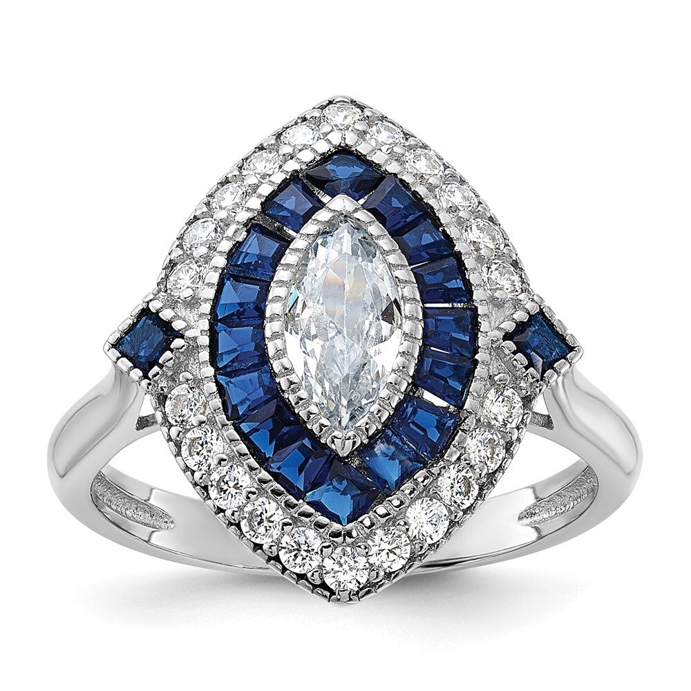 Sterling Silver Rhodium-plated Cubic Zirconia and Blue Spinel Ring SZ 7