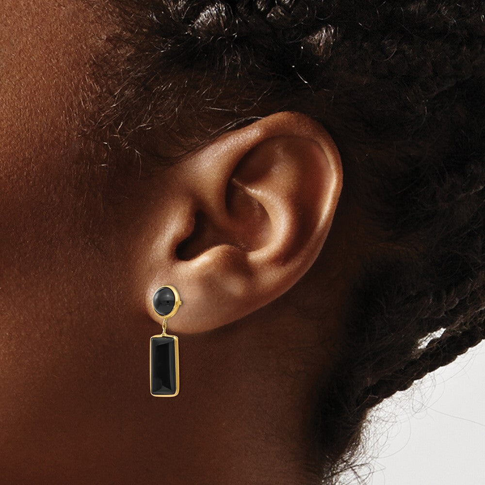 14k Yellow Gold Onyx Rectangle Dangle Earrings Gift for Women