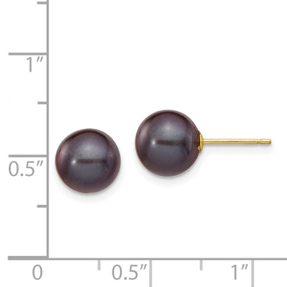 14k Yellow Gold 8-9mm Black Round Freshwater Cultured Pearl Stud Earrings