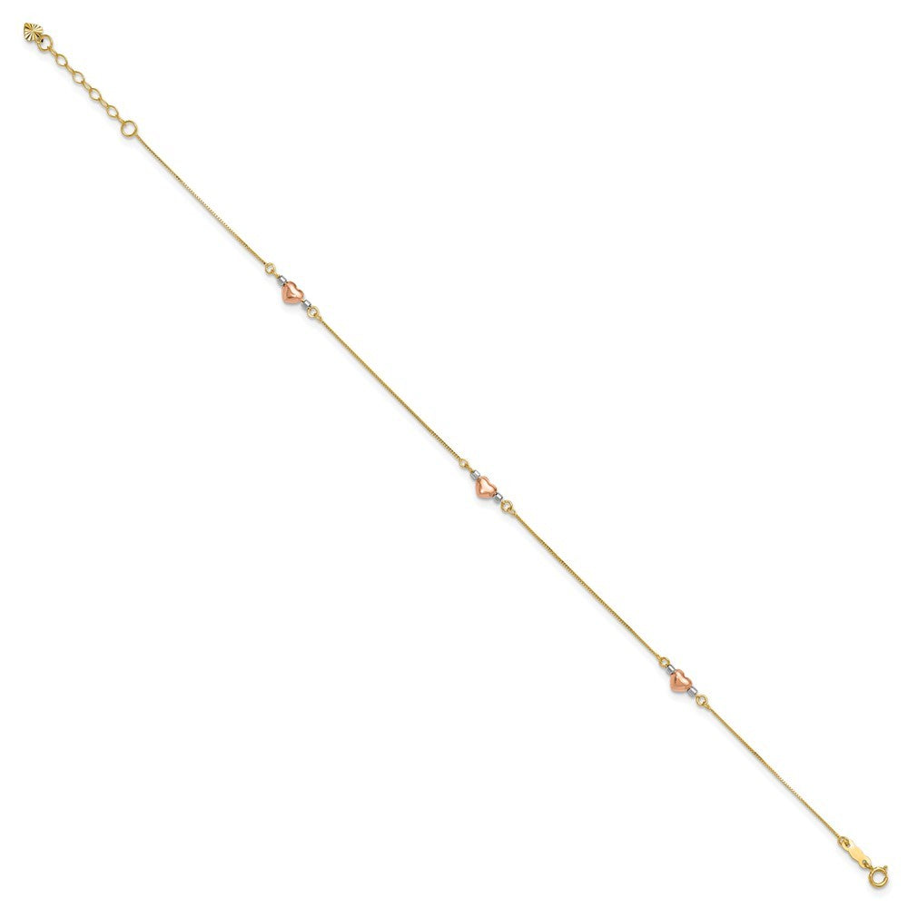 14k Tri-Color Puffed Hearts and Beads 11" Anklet