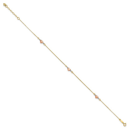 14k Tri-Color Puffed Hearts and Beads 11" Anklet