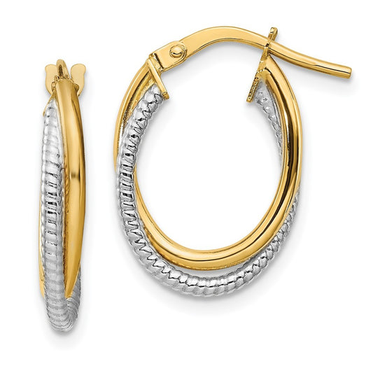 14k Two-tone Gold Polished Textured Double Oval Hoops