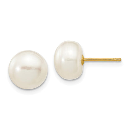 14k Yellow Gold 8-9mm White Button Freshwater Cultured Pearl Stud Earrings