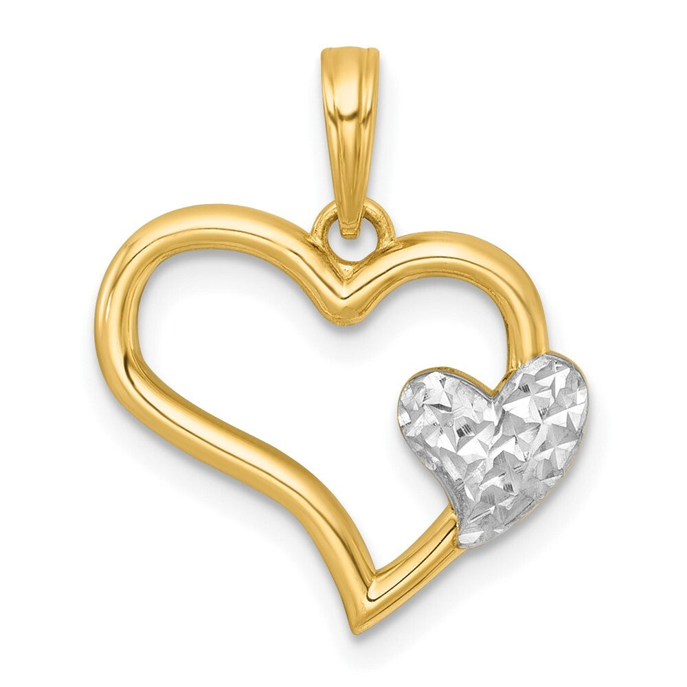 14k Yellow Gold White Rhodium Polished Heart Shape With Mini Heart Charm Pendant