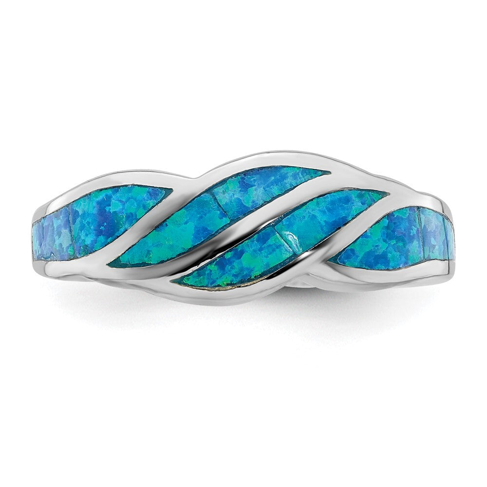 Sterling Silver Rhodium-plated Lab Created Blue Opal Inlay Ring Size 7