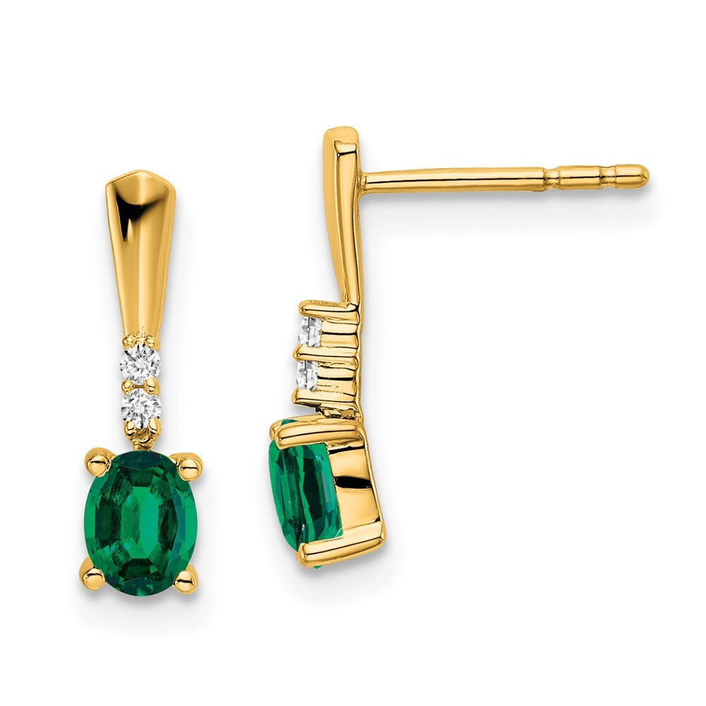 14k Yellow Gold Oval Created Emerald and Diamond Dangle Earrings Gift for Women