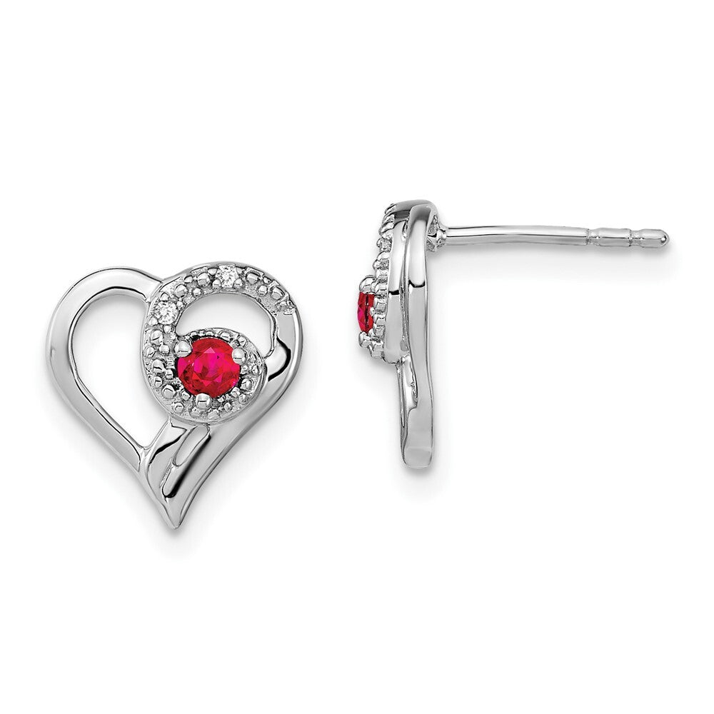 14k White Gold Ruby and Diamond Heart Stud Earrings