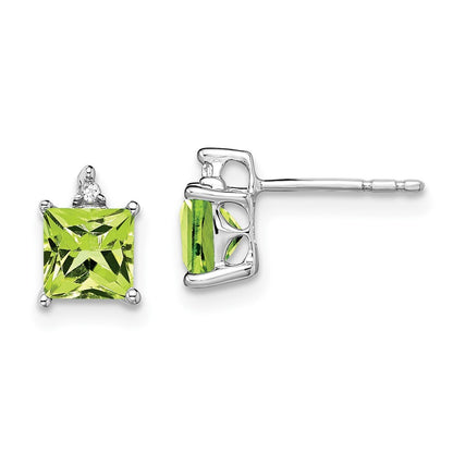 14k White Gold Princess Peridot and Diamond Stud Earrings