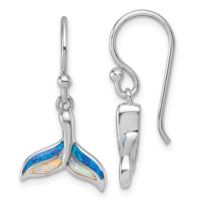 Sterling Silver Polished Lab Created Opal Whale Tail Dangle Earrings