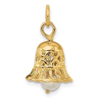 14k Yellow Gold 3D Wedding Bell w/ Fresh Water Cultured Pearl Charm Pendant
