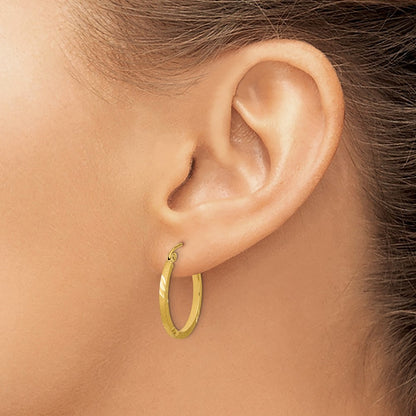 14k Yellow Gold Satin Diamond-cut Square Tube Hoop Earrings