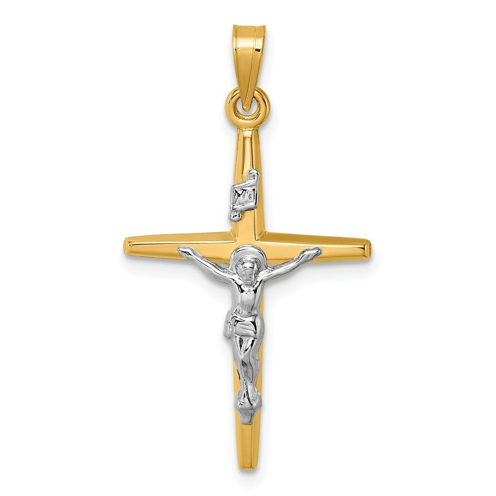14k Yellow Gold with White Rhodium Polished INRI Crucifix Cross Pendant