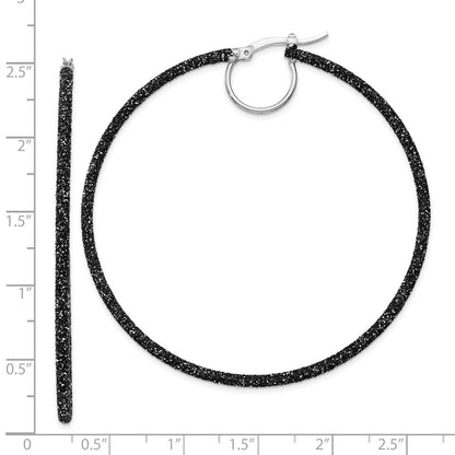 Sterling Silver Rhodium-plated Black Glitter Enamel 2x55mm Hoop Earrings