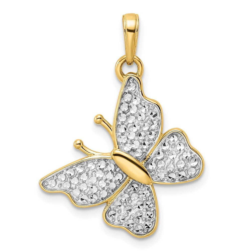 14k Yellow Gold and White Rhodium Diamond-cut Fancy Butterfly Pendant for Women