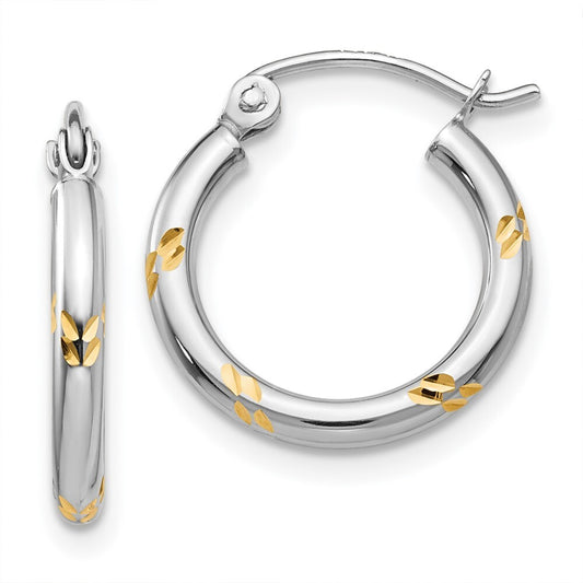 14k White Gold and Yellow Rhodium Diamond-Cut Hoop Earrings Gift for Women
