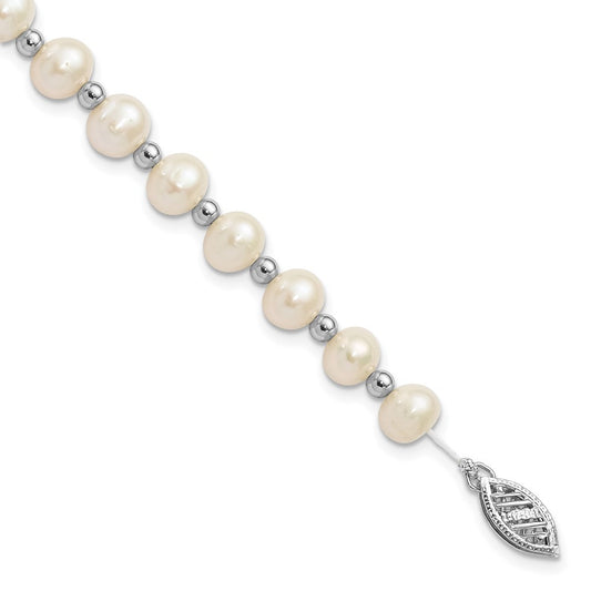 14k White Gold 6mm White Near-Round Freshwater Cultured Pearl Beaded 7" Bracelet