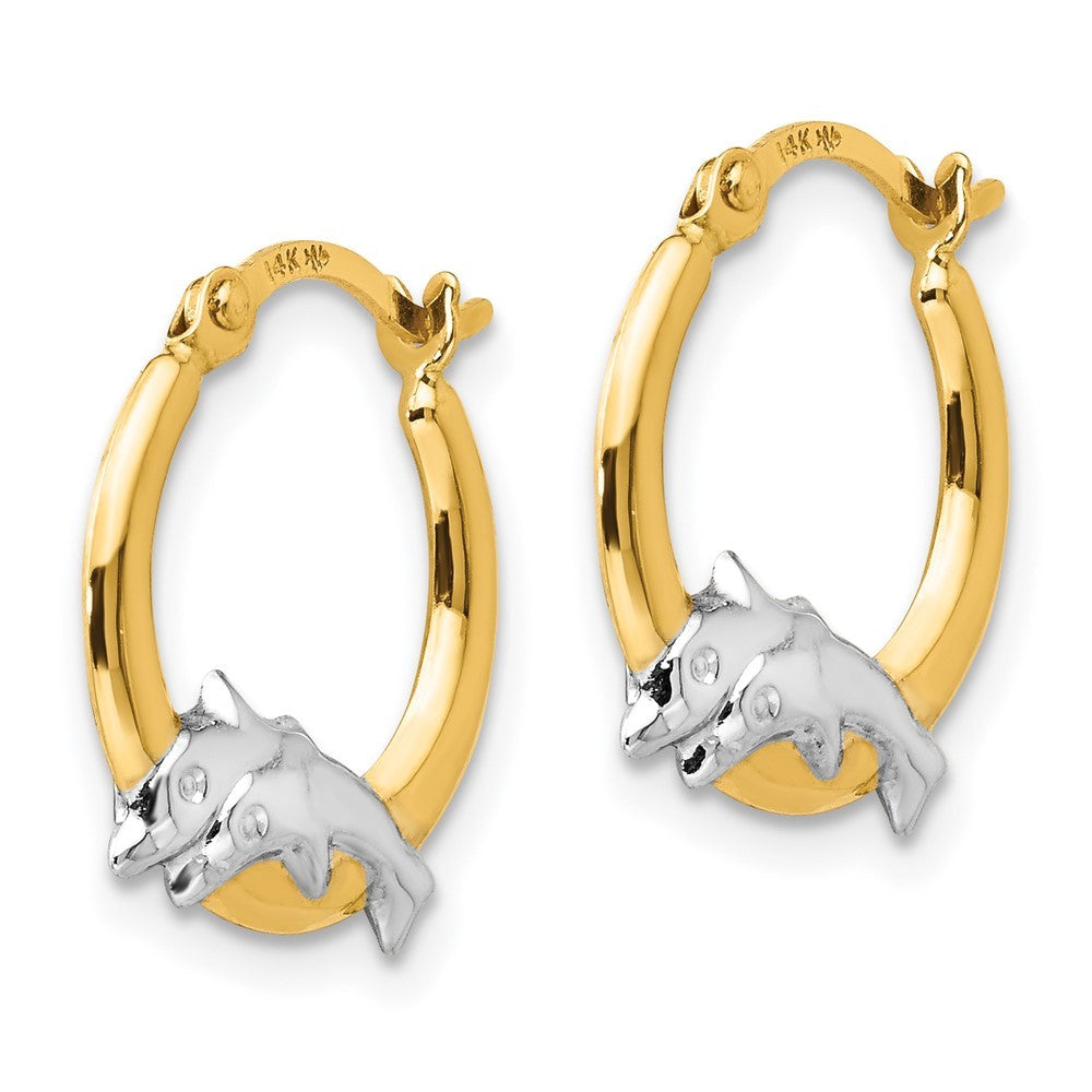 14k Yellow Gold w/Rhodium Dolphin Hoop Earrings