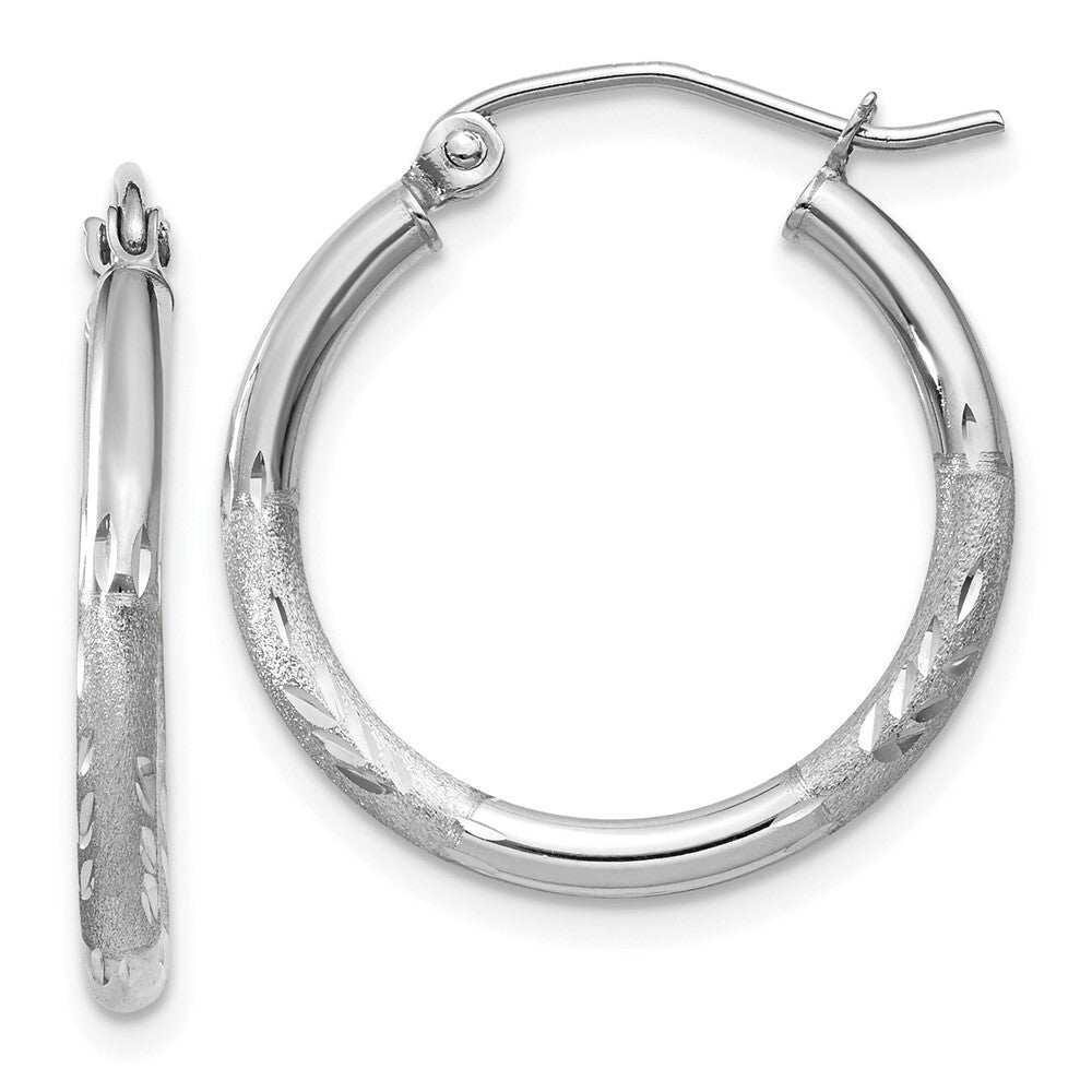 14k White Gold Satin and Diamond-cut 2mm Round Hoop Earrings Gift for Women
