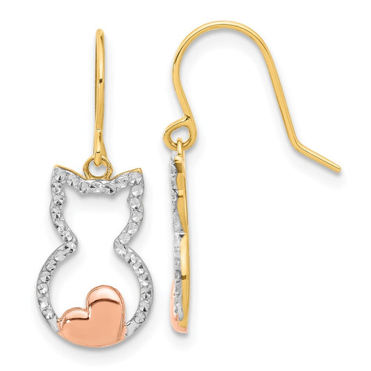 14k Yellow Gold w/Rose and White Rhodium Diamond-Cut Cat Outline Dangle Earrings