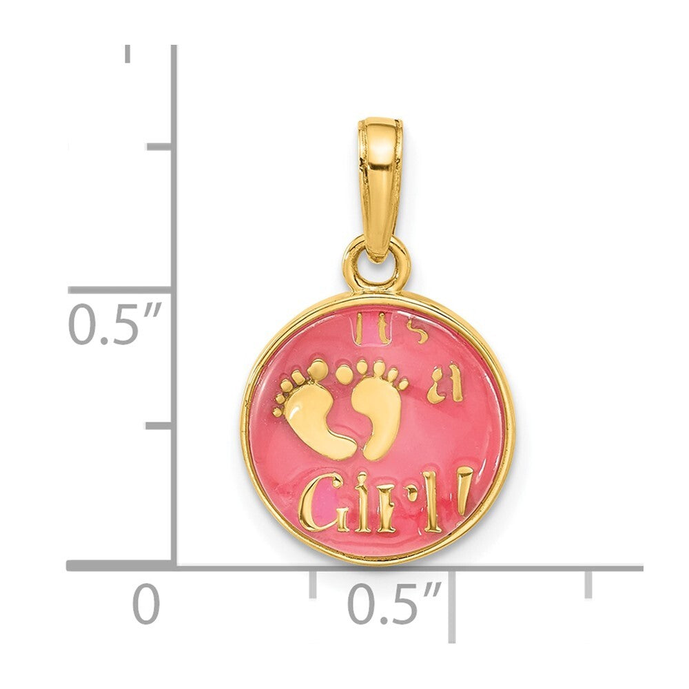 14k Yellow Gold Polished with Pink Enamel Clear Epoxy Resin It's A Girl Pendant