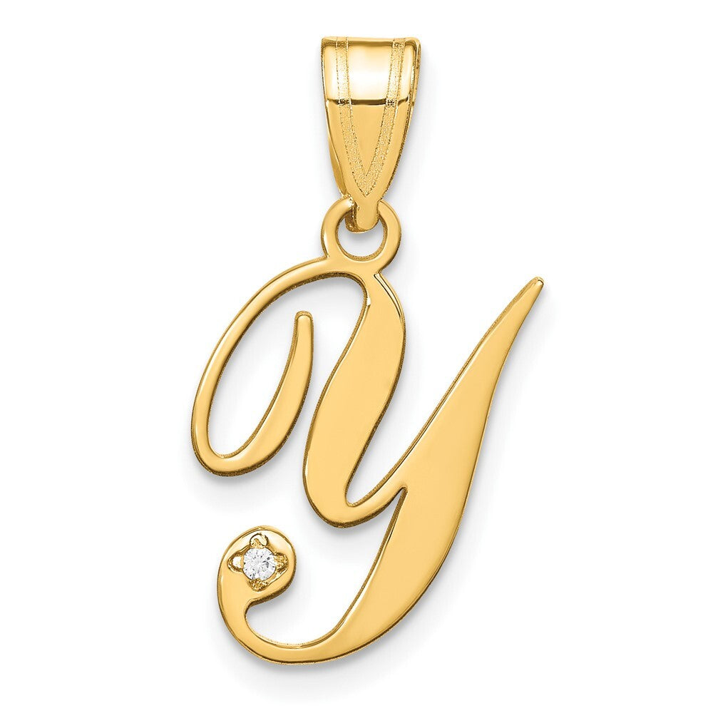 14k Yellow Gold Script Letter Y Initial Pendant with Diamond for Women