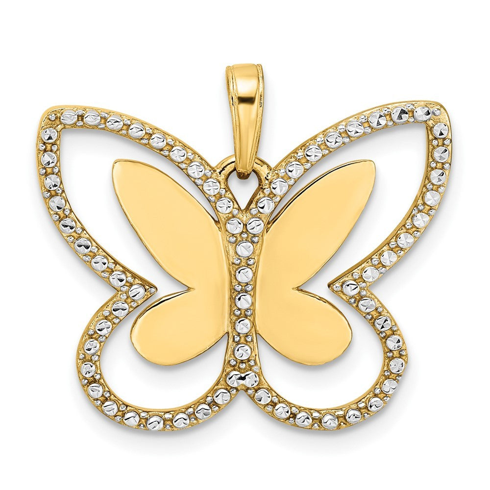 14k Yellow Gold and White Rhodium Diamond-cut Butterfly Pendant