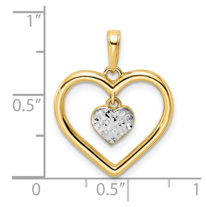 14k Yellow Gold and White Rhodium Diamond-cut Heart Dangle Heart Pendant