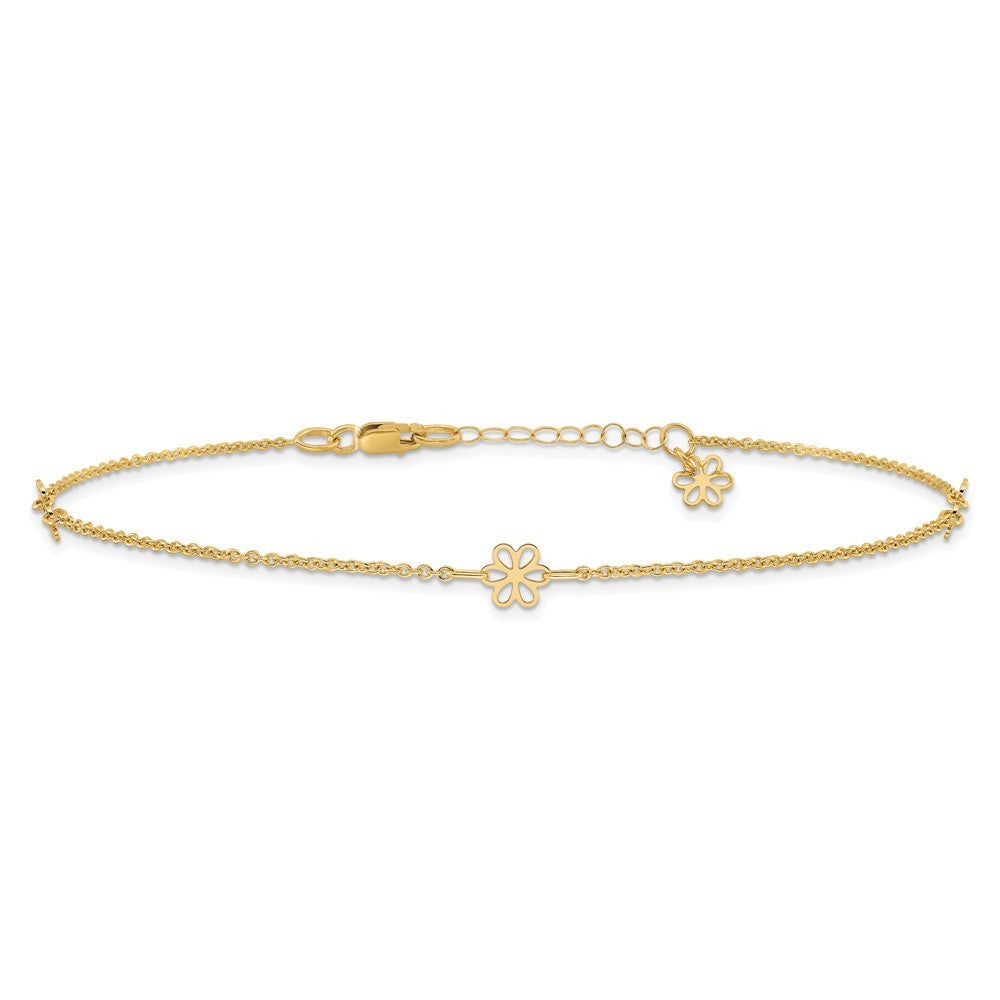 14k Yellow Gold Flowers 3-Station with Flower Dangle 11" Anklet