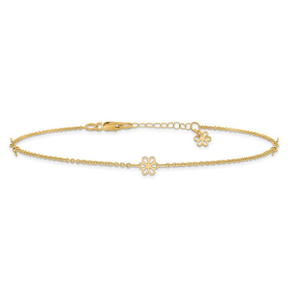 14k Yellow Gold Flowers 3-Station with Flower Dangle 11" Anklet