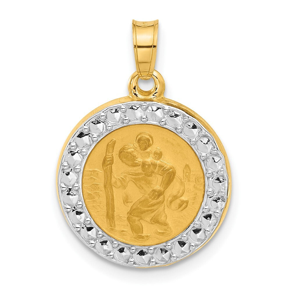 14k Yellow Gold with White Rhodium Hollow St. Christopher Medal Pendant