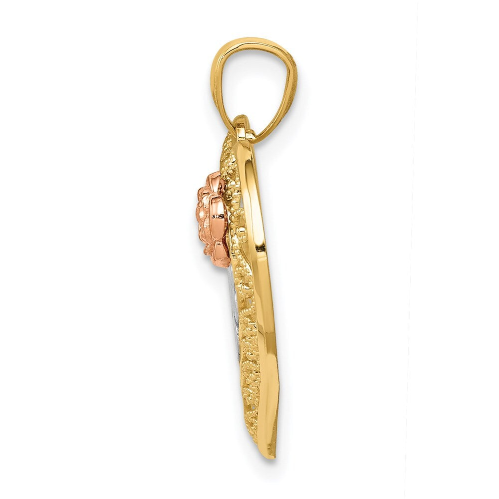 14k Two-tone Gold White Rhodium Diamond-Cut MOM in Heart Rose Pendant