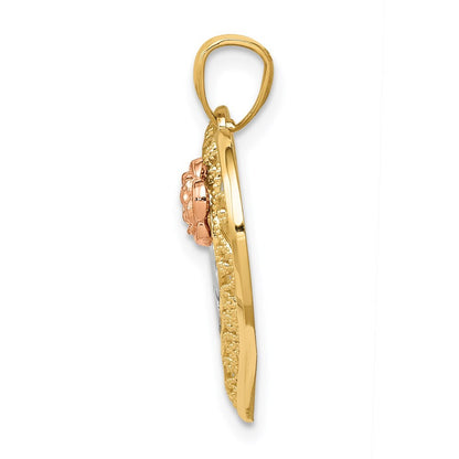 14k Two-tone Gold White Rhodium Diamond-Cut MOM in Heart Rose Pendant