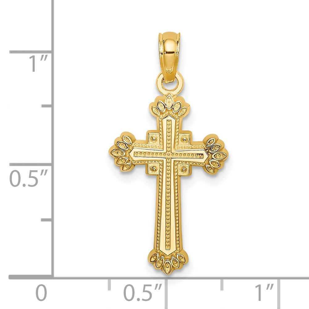 14k Yellow Gold Textured Leaves On Edges Cross Charm Pendant for Women