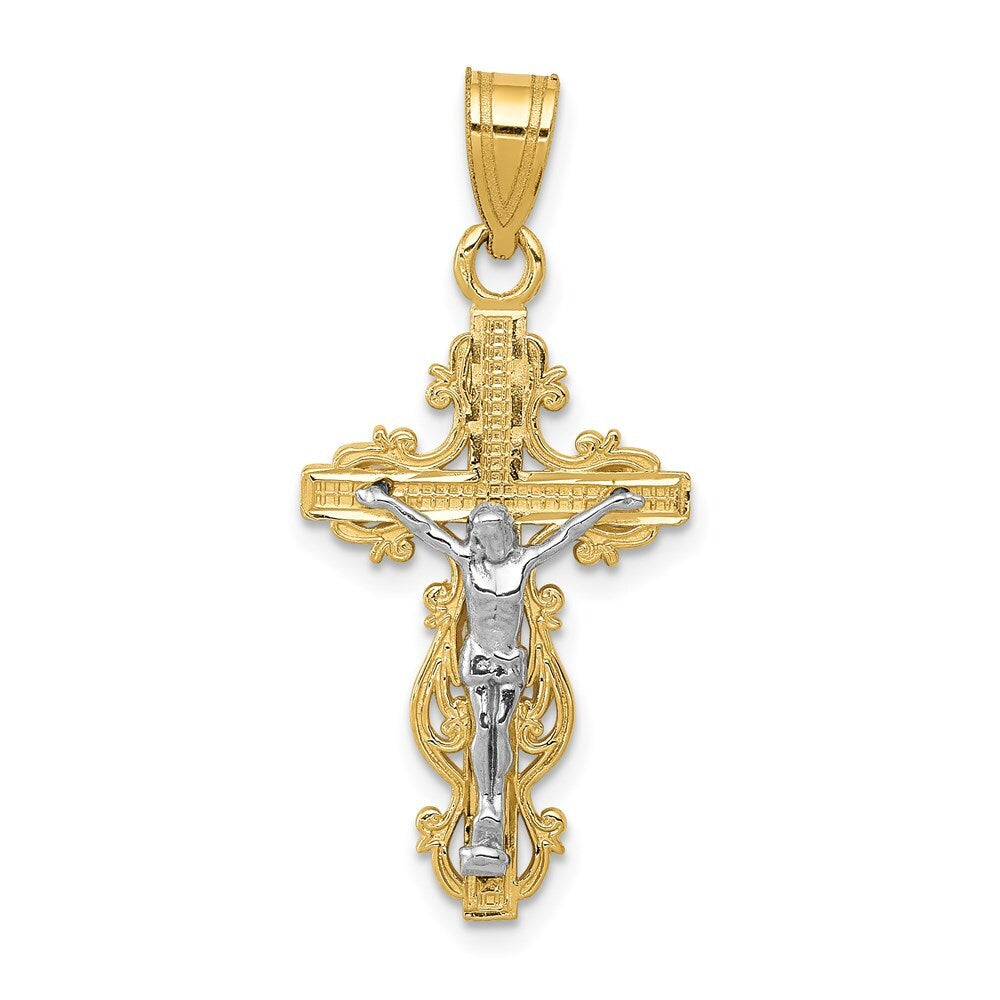 14k Two-tone Gold Small Narrow Cross Crucifix Pendant for Women