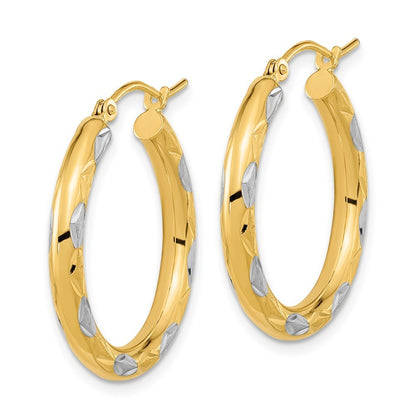 14k Yellow Gold White Rhodium Polished Satin and Diamond-cut Hoop Earrings