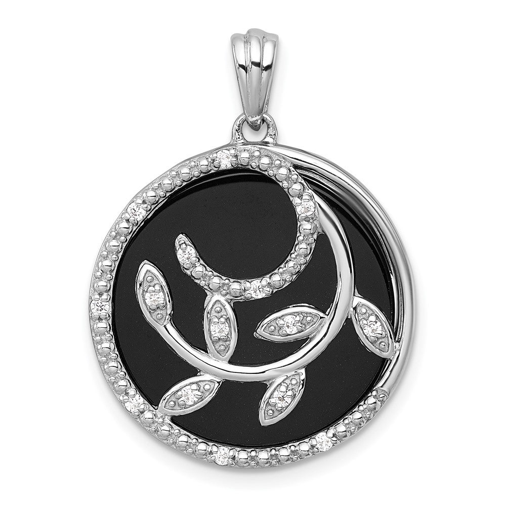 Sterling Silver Polished Onyx Circle and Cubic Zirconia Leaves Pendant