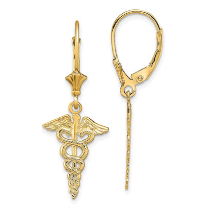 14k Yellow Gold Caduceus Drop Dangle Earrings
