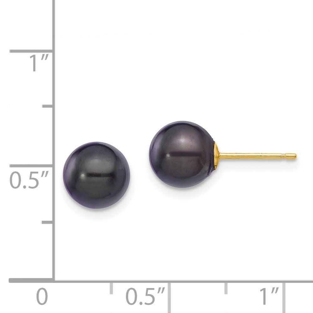 14k Yellow Gold 7-8mm Black Round Akoya Saltwater Cultured Pearl Stud Earrings