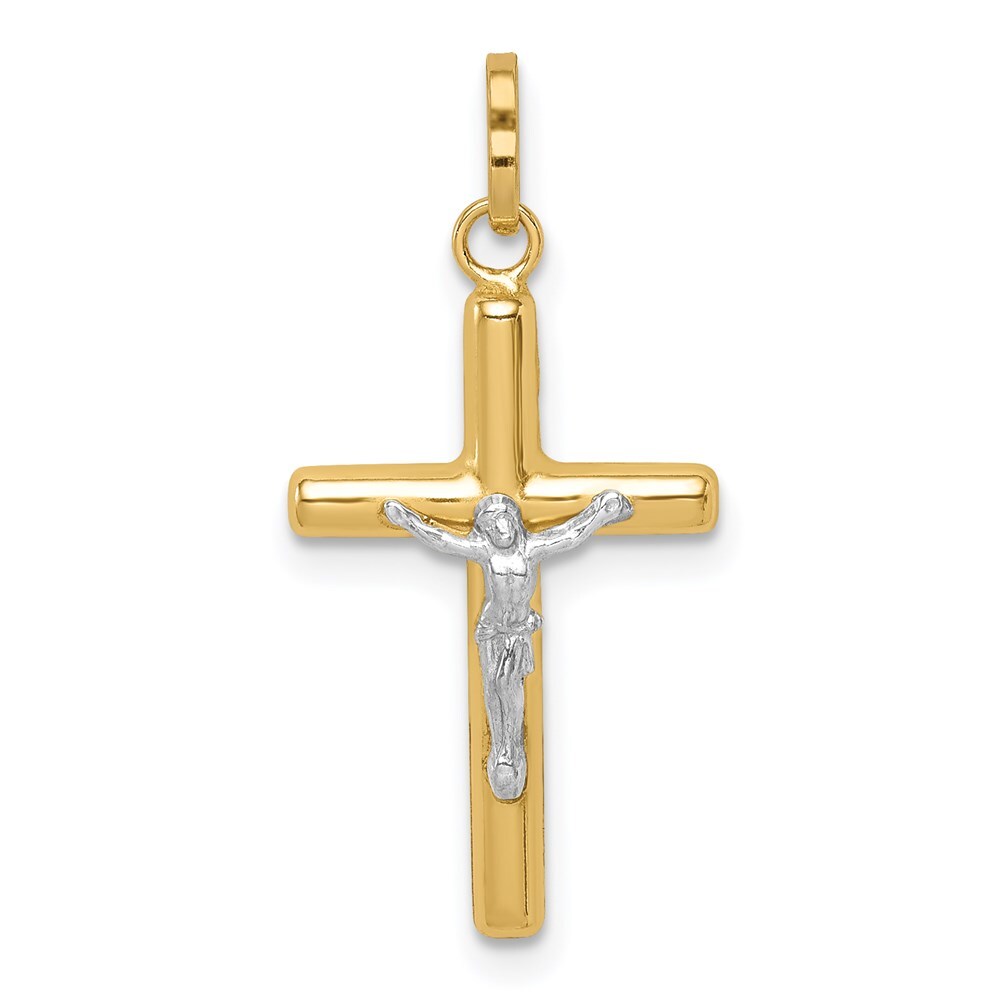 14k Yellow Gold with White Rhodium Polished Hollow Crucifix Charm Pendant