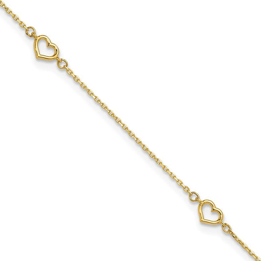 14k Yellow Gold Open Hearts 4-Station 11" Anklet