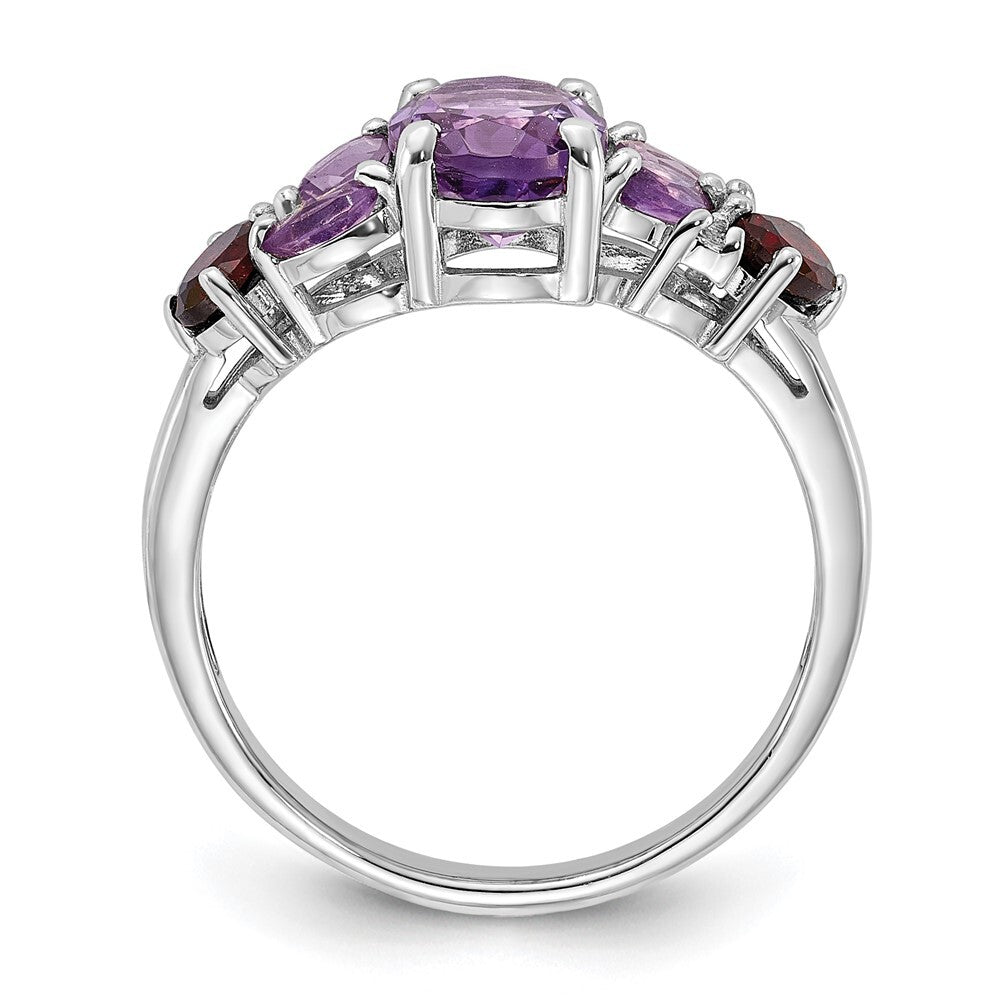 Sterling Silver Rh-plated Amethyst Pk Quartz Garnet and White Topaz Ring Size 6