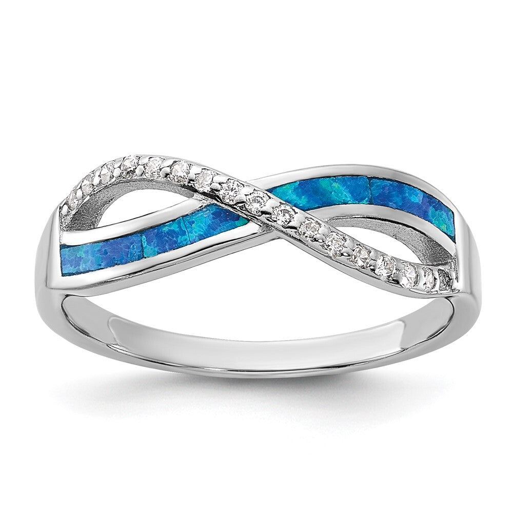 Sterling Silver RH-plated CZ and Blue Cr. Opal Inlay Infinity Symbol Ring Size 7