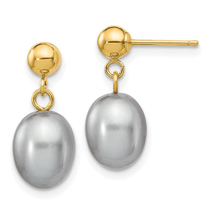14k Yellow Gold 7-8mm Grey Rice Freshwater Cultured Pearl Dangle Earrings