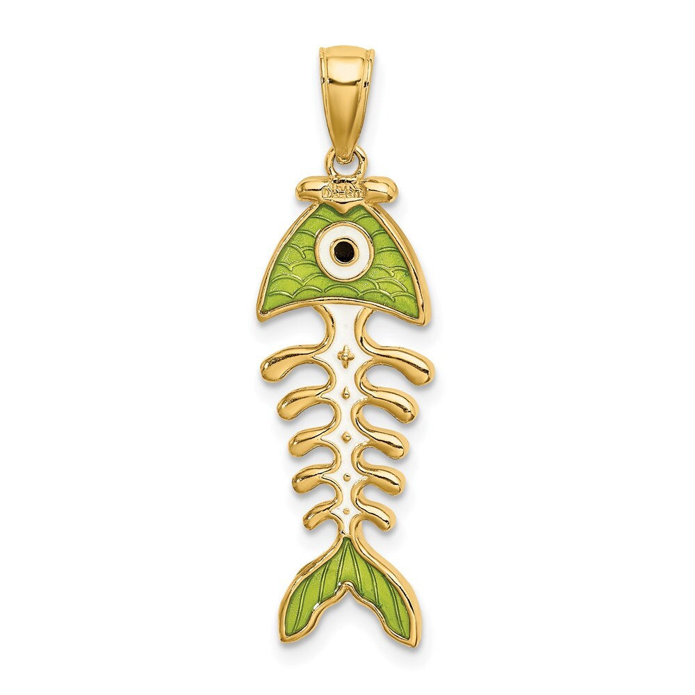 14k Yellow Gold 3D Green Enamel Fish Bone Charm