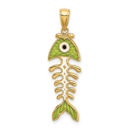 14k Yellow Gold 3D Green Enamel Fish Bone Charm