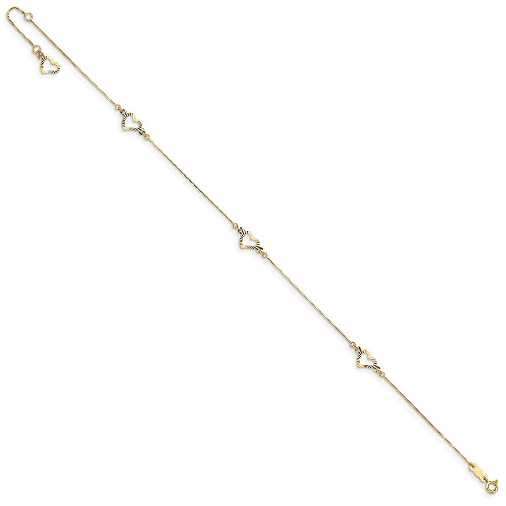 14k Yellow Gold Diamond-cut Open Heart 3-Station 10" Anklet