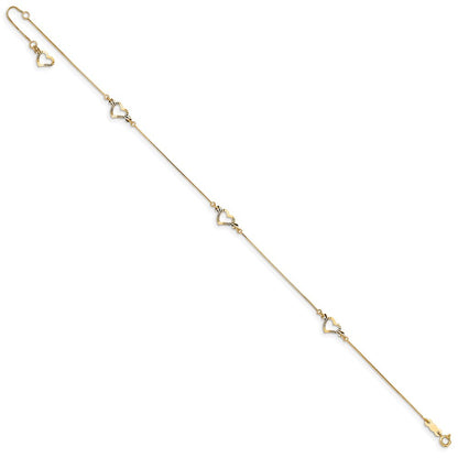 14k Yellow Gold Diamond-cut Open Heart 3-Station 10" Anklet