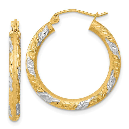 14k Yellow Gold White Rhodium Diamond-cut Satin Hoop Earrings
